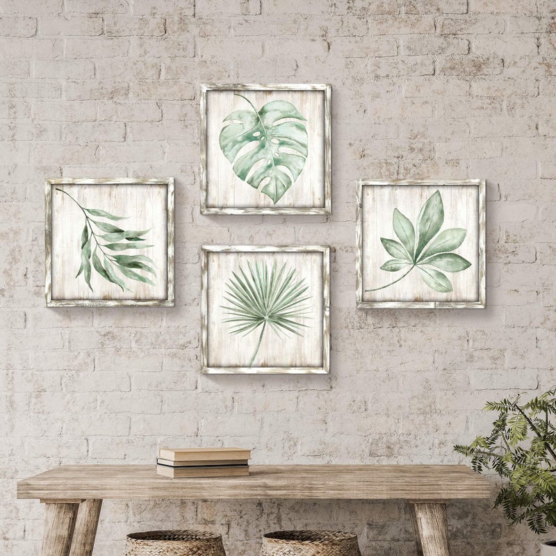 Hardy Gallery Green Leaves Prints Wall Art: Rustic Wooden Background Palm Tree Leaf Simple Life Painting for Bathroom Wall Decor (12 X 12 X 4) - Image 3